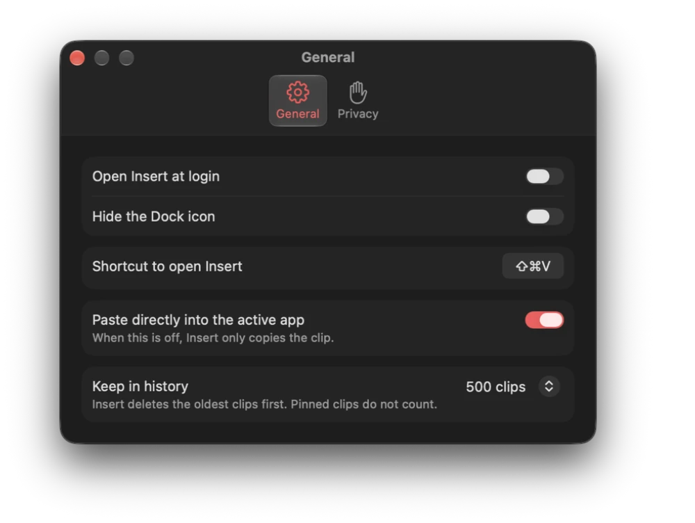 The General tab of the Settings window